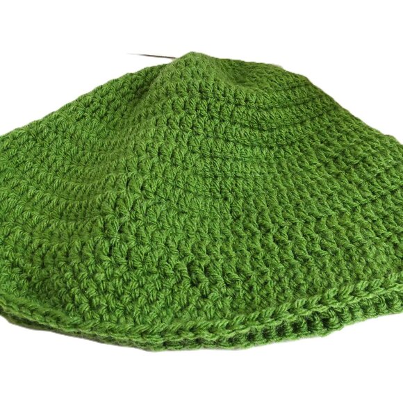 Dark Green Bucket Hat OS Handmade Crochet Hand Knit Roll Up Beanie Spring Garden - Picture 7 of 9